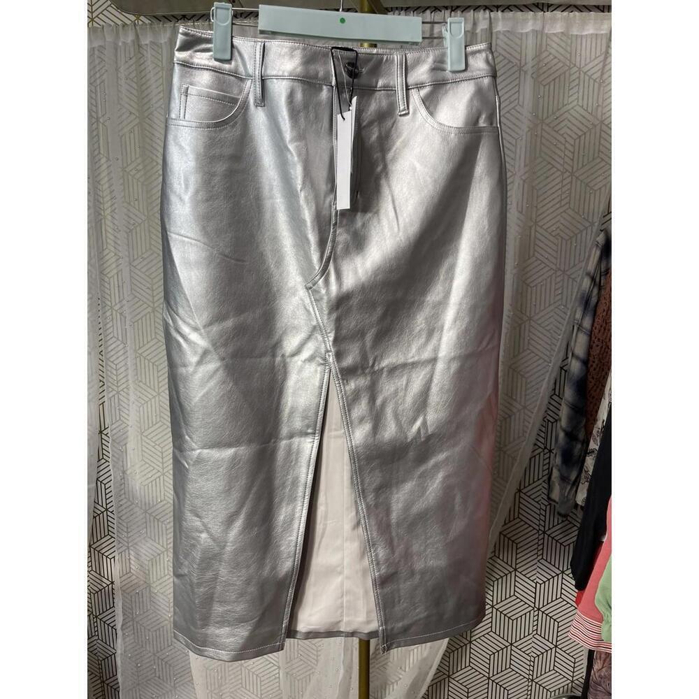 NWT Sanctuary leather like midi skirt metallic silver pencil size 32 MSRP $99